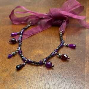 ruby colored crystal and burgundy ribbon necklace /chocker